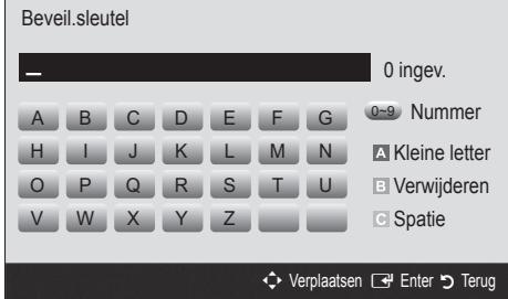 Beveil.sleutel 0 ingev. A B C D E F G H I J K L M N O P Q R S T U V W X Y Z Nummer A Kleine letter B Verwijderen C Spatie Verplaatsen Enter Terug