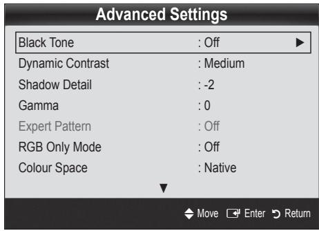 Advanced Settings Black Tone : Off Dynamic Contrast : Medium Shadow Detail : -2 Gamma : 0 Expert Pattern : Off RGB Only Mode : Off Colour Space : Native Move Enter Return