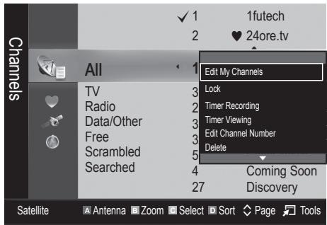 1futech 2 24ore.tv All Edit My Channels Lock Timer Recording Timer Viewing Edit Channel Number Delete TV Radio Data/Other Free Scrambled Searched Coming Soon Discovery Satellite Antenna Zoom Select Sort Page Tools