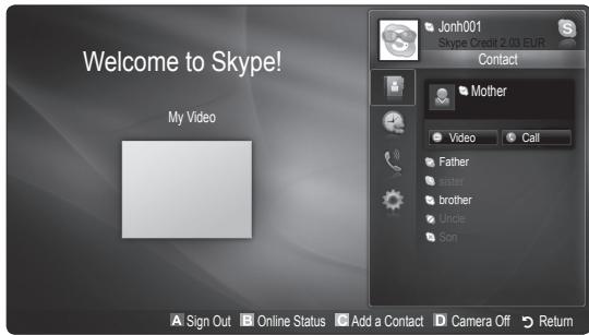 Welcome to Skype! My Video Jonh001 Skype Credit 2.03 EUR Contact Mother Video Call Father sister brother Uncie Son Sign Out Online Status Add a Contact Camera Off Return