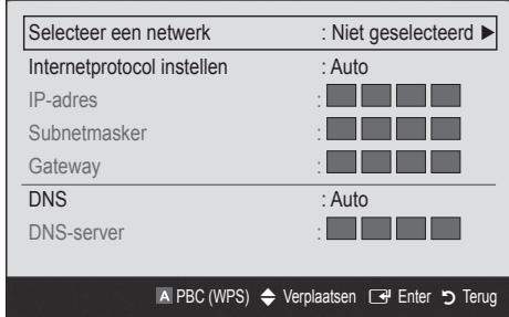 Selecteer een netwerk : Niet geselecteerd ▶ Internetprotocol instellen : Auto IP-adres : Subnetmasker : Gateway : DNS : Auto DNS-server : A PBC (WPS) ◆ Verplaatsen ☐ Enter ➕ Terug