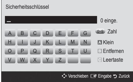 Sicherheitsschlüssel 0 einge. A B C D E F G 0-9 Zahl H I J K L M N A Klein O P Q R S T U B Entfernen V W X Y Z C Leertaste Verschieben Eingabe Zurück