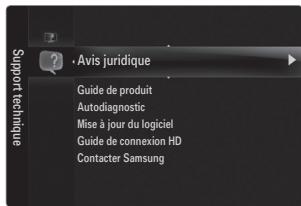 Support technique Avis juridique Guide de produit Autodiagnostic Mise à jour du logiciel Guide de connexion HD Contacter Samsung