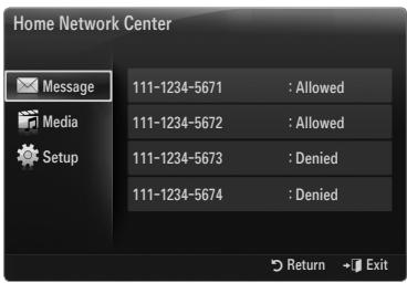 Home Network Center Message 111-1234-5671 : Allowed Media 111-1234-5672 : Allowed Setup 111-1234-5673 : Denied 111-1234-5674 : Denied Return Exit