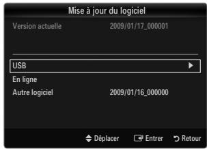 Mise à jour du logiciel Version actuelle 2009/01/17_000001 USB En ligne Autre logiciel 2009/01/16_000000 Déplacer Entrer Retour