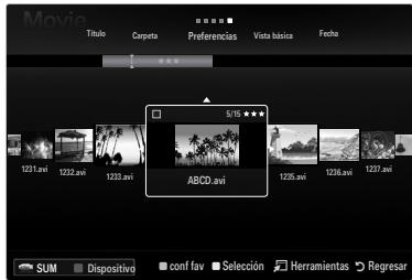 Movie Título Carpeta Preferencias Vista básica Fecha 5/15 ABC0.avi SUM Dispositivo conf fav Selección Herramientas Regresar