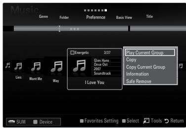 Music Genre Folder Preference Basic View Tide Energetic 3/27 Play Current Group Gim Hens Duck Ons 2007 Soundtrack I Love You Copy Copy Current Group Information Safe Remove SUM Device Favorites Setting Select Tools Return
