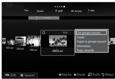 Movie Titre Dossier P, préf.Alf. de base P, date 5/15 Live groupe courant. Copier Copier le groupe courant Information Supp. sécurité ABCD.avi SUM Appareil Régl fav Choisir Outils Retour