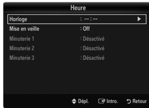 Heure Horloge : --- : -- Mise en veille : Off Minuterie 1 : Désactivé Minuterie 2 : Désactivé Minuterie 3 : Désactivé Dépl. Intro. Retour