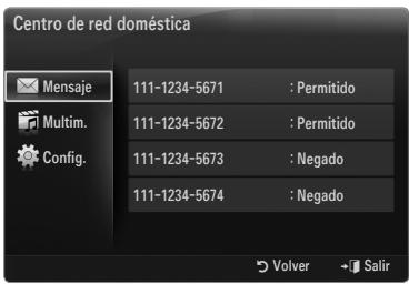 Centro de red doméstica Mensaje 111-1234-5671 : Permitido Multim. 111-1234-5672 : Permitido Config. 111-1234-5673 : Negado 111-1234-5674 : Negado Volver → Salir