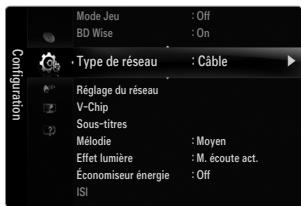 Mode Jeu : Off BD Wise : On Type de réseau : Câble Réglage du réseau V-Chip Sous-titres Mélodie : Moyen Effet lumière : M. écoute act. Économiseur énergie : Off ISI