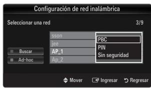 Configuración de red inalámbrica Seleccionar una red 3/9 sson PBC bee PIN AP_1 Sin seguridad Ap_2 Mover Ingresar Regresar