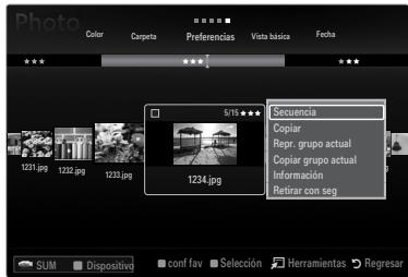 Photo Color Carpeeta Preferences Vista básica Fecha 5/19 Secuencia Copiar Repr. grupo actual Copiar grupo actual Información Retirar con seg 1231.jpg 1232.jpg 1233.jpg SUM Dispositivo conf fav Selección Herramientas Regresar