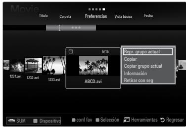 Movie Título Carpeta Preferencias Vista básica Fecha 5/15 Repr. grupo actual Copiar Copiar grupo actual Información Retirar con seg 1221.avi 1222.avi 1223.avi ABCD.avi SUM Dispositivo conf fav Selección Herramientas Regresar