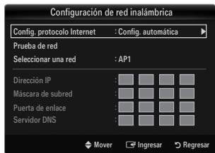 Configuración de red inalámbrica Config. protocolo Internet : Config. automática Prueba de red Seleccionar una red : AP1 Dirección IP Máscara de subred Puerta de enlace Servidor DNS Mover Ingresar Regresar