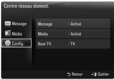 Centre réseau domest. Message : Activé Média : Activé Nom TV : TV Config. Retour ← Quitter