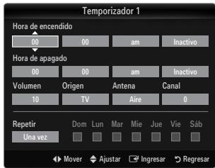 Temporizador 1 Hora de encendido 00 00 am Inactivo Hora de apagado 00 00 am Inactivo Volumen Origen Antena Canal 10 TV Aire 0 Repetir Dom Lun Mar Mie Jue Vie Sáb Una vez Mover Ajustar Ingresar Regresar