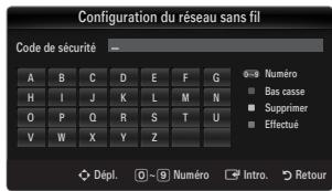 Configuration du réseau sans fil Code de sécurité A B C D E F G H I J K L M N O P Q R S T U V W X Y Z Numéro Bas casse Supprimer Effectué Dépl. 0 9 Numéro Intro. Retour