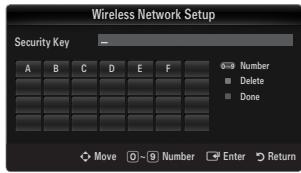 Wireless Network Setup Security Key A B C D E F ● Number Delete Done Move ○~⊗ Number Enter Return