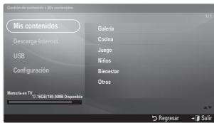 Gestión de contents: 500 contendidos Míos contenidos Descarga Internet USB Configuración Memoria en TV Galeria Codina Juego Niflos Bivestar Otros Regresar - Salir