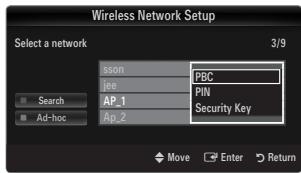 Wireless Network Setup Select a network 3/9 sson PBC jog PIN AP_1 Security Key Ap_2 Search Ad-hoc Move Enter Return