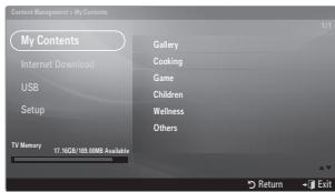 Content Management - My Contents My Contents Internet Download USB Setup TV Memory 17.10GHz/100.00MB Available Gallery Cooking Game Children Wellness Others 1/1 Return - Exit