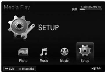 Media Play SETUP SUM BS1.80MB/993.02MB libre Photo Music Movie Setup SUM Dispositivo → Salir