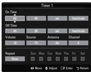 Timer 1 On Time 00 00 am Inactivate Off Time 00 00 am Inactivate Volume Source Antenna Channel 10 TV Air 0 Repeat Sun Mon Tue Wed Thu Fri Sat Once Move Adjust Enter Return