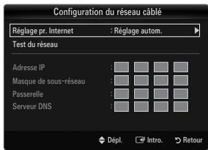 Configuration du réseau câblé Réglage pr. Internet : Réglage autom. Test du réseau Adresse IP : Masque de sous-réseau : Passerelle : Serveur DNS : Dépl. Intro. Retour