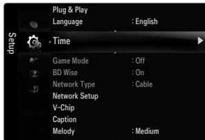 Plug & Play Language : English • Time Game Mode : Off BD Wise : On Network Type : Cable Network Setup V-Chip Caption Melody : Medium