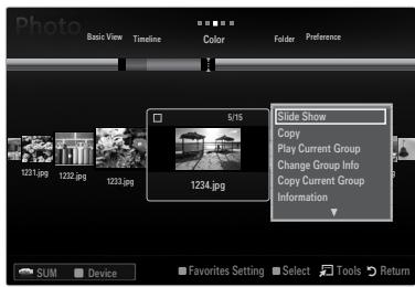Photo Basic View Timeline Color Folder Preference 5/15 Slide Show Copy Play Current Group Change Group Info Copy Current Group Information 1231.jpg 1232.jpg 1233.jpg 1234.jpg SUM Device Favorites Setting Select Tools Return