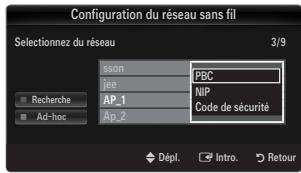 Configuration du réseau sans fil Selectionnez du réseau 3/9 sson PBC jee NIP AP_1 Code de sécurité Ap_2 Recherche Ad-hoc Dépl. Intro. Retour