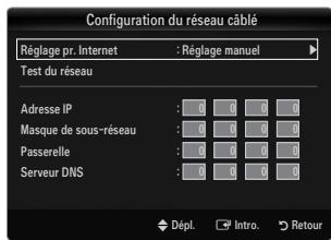 Configuration du réseau câblé Réglage pr. Internet : Réglage manuel Test du réseau Adresse IP : 0 0 0 0 Masque de sous-réseau : 0 0 0 0 Passerelle : 0 0 0 0 Serveur DNS : 0 0 0 0 Dépl. Intro. Retour