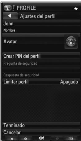 PROFILE Ajustes del perfil John Nombre Avatar Crear PIN del perfil Pregunta de seguridad Respuesta de seguridad Limitar perfil Apagado Terminado Cancelar