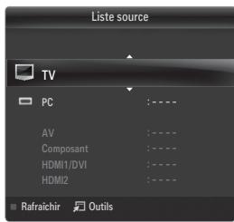 Liste source TV PC :---- AV :---- Composant :---- HDMI1/DVI :---- HDMI2 :---- ■ Refraichir Outils