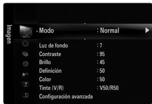 Modo : Normal Luz de fondo : 7 Contraste : 95 Brillo : 45 Definición : 50 Color : 50 Tinte (V/R) : V50/R50 Configuración avanzada