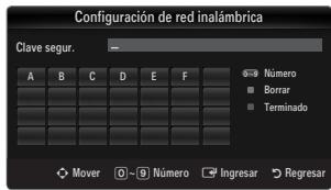 Configuración de red inalámbrica Clave segur. A B C D E F Número Borrar Terminado Mover 0~9 Número Ingresar Regresar