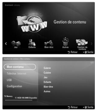 Content Library WWW Gestion de contenu Jeu Enfants Bien-être Autres Gestion de contenu Retour Sortie Gestion de contenu - Not contents Mon contenu Téléchar, Internet USB Configuration TV Memory 12.16GB/100.00MB Dispensible Géorie Cuisine Jeu Enfants Bien-être Autres Retour Sortie