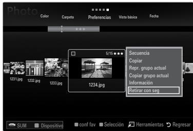 Photo Color Carpeta Preferencias Vista básica Fecha 5/15 ★★★★ 1231.jpg 1232.jpg 1233.jpg 1234.jpg Secuencia Copiar Repr. grupo actual Copiar grupo actual Información Retirar con seg SUM Dispositivo conf tav Selección Herramientas Regresar