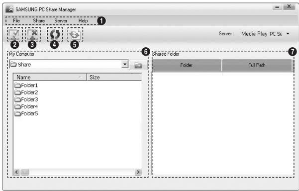 SAMSUNG PC Share Manager File Share Server Help Server: Media Play PC St My Computer Share Name Size Folder1 Folder2 Folder3 Folder4 Folder5 Shared Folder Folder Full Path