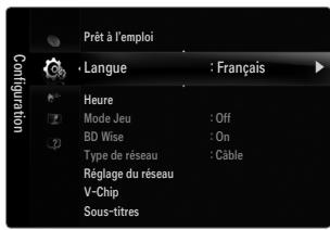 Prêt à l'emploi Langue : Français Heure Mode Jeu : Off BD Wise : On Type de réseau : Câble Réglage du réseau V-Chip Sous-titres