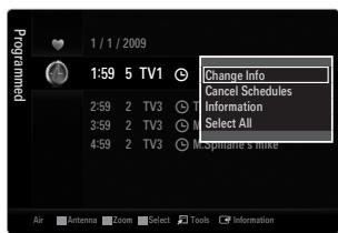 1 / 1 / 2009 Change Info Cancel Schedules Information Select All Air Antenna Zoom Select Tools Information