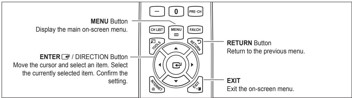 MENU Button Display the main on-screen menu. ENTER / DIRECTION Button Move the cursor and select an item. Select the currently selected item. Confirm the setting. - 0 PRE-CH CH LIST MENU FAV.CH TOOLS RETURN INTERNET EXIT EXIT Exit the on-screen menu.
