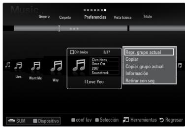 Music Género Carpeta Preferencias Vista básica Titulo Dinámico 3/37 Repr. grupo actual Glen Horns Copiar Once Due 2007 Copiar grupo actual Soundtrack Información Retirar con seg I Love You Lies Want Me Way SUM Dispositivo conf fav Selección Herramientas Regresar