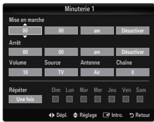 Minuterie 1 Mise en marche 00 00 am Désactiver Arrêt 00 00 am Désactiver Volume Source Antenne Chaîne 10 TV Air 0 Répéter Une fois Dim Lun Mar Mer Jeu Ven Sam Dépl. Réglage Intro. Retour