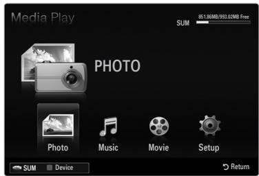 Media Play SUM 851.86MB/993.02MB Free PHOTO Photo Music Movie Setup SUM Device Return