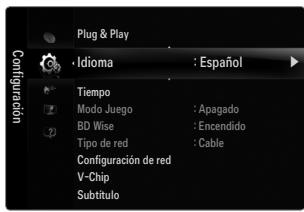 Plug & Play Idioma : Español Tiempo Modo Juego : Apagado BD Wise : Encendido Tipo de red : Cable Configuración de red V-Chip Subtítulo