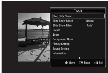 Tools Stop Slide Show Slide Show Speed : Normal Slide Show Effect : Fade1 Rotate Zoom Background Music Picture Setting Sound Setting Information Move Enter Exit