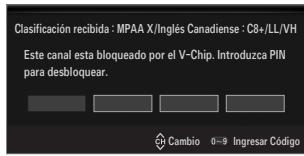 Clasificación recibida : MPAA X/Inglés Canadiense : C8+/LL/VH Este canal esta bloqueado por el V-Chip. Introduzca PIN para desbloquear. Cambio 0-9 Ingresar Código