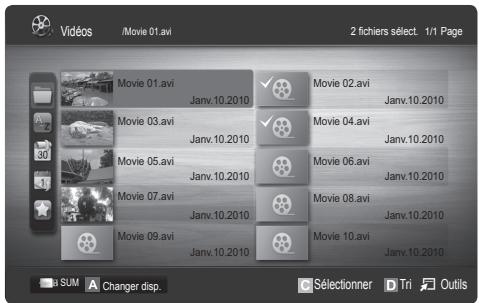 Vidéos /Movie 01.avi 2 fichiers sélect. 1/1 Page Movie 01.avi Janv.10.2010 Movie 02.avi Janv.10.2010 Movie 03.avi Janv.10.2010 Movie 04.avi Janv.10.2010 Movie 05.avi Janv.10.2010 Movie 06.avi Janv.10.2010 Movie 07.avi Janv.10.2010 Movie 08.avi Janv.10.2010 Movie 09.avi Janv.10.2010 Movie 10.avi Janv.10.2010 SUM A Changer disp. C Sélectionner D Tri Outils